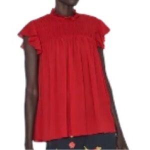 Zara Red Flutter Sleeve Blouse with Smocked Details